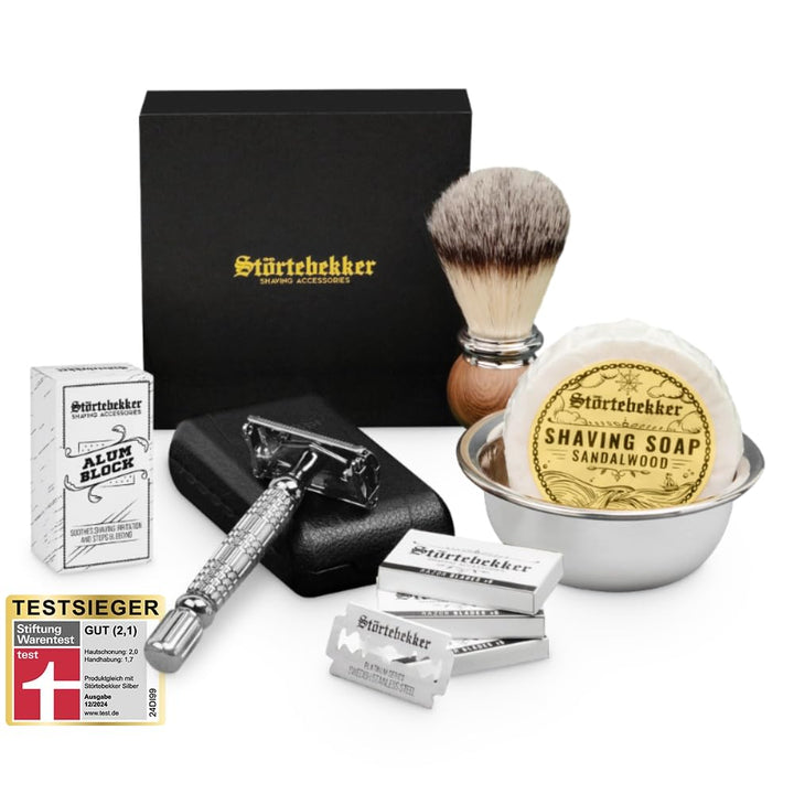 Störtebekker® Premium Rasierhobel Set für Herren im handgefertigten Lederetui - Rasierset mit Rasier
