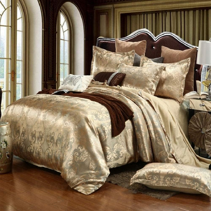 Satin Bettwäsche 135x200 cm 4teilig Golden Gold Blumen Blumenmuster Deckenbezug Glatt Luxus Jacquard