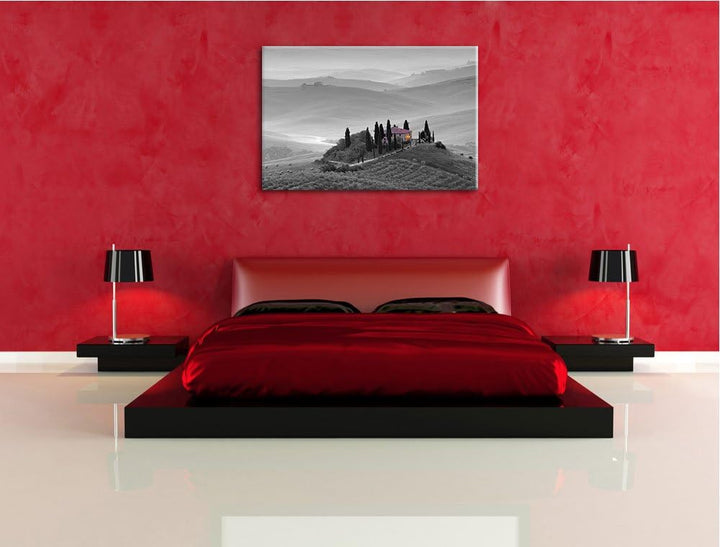 Pixxprint schöne Toskana Landschaft schwarz/weiss Format: 100x70 auf Leinwand, 100x70