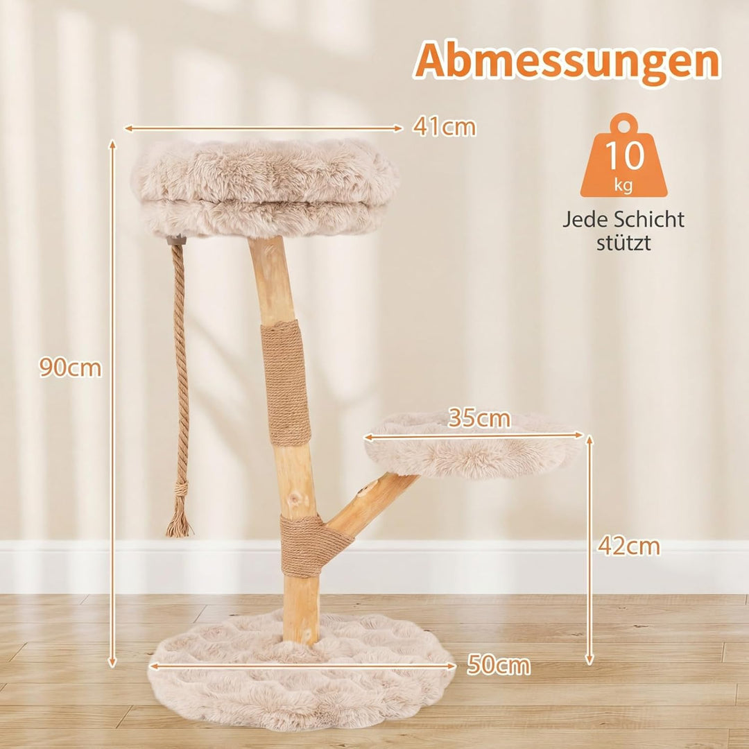 COSTWAY 90 cm Kratzbaum Holz, Katzenbaum mit 3 Plüschsitzflächen, Seil & Kratzpfosten aus Jute, Katz