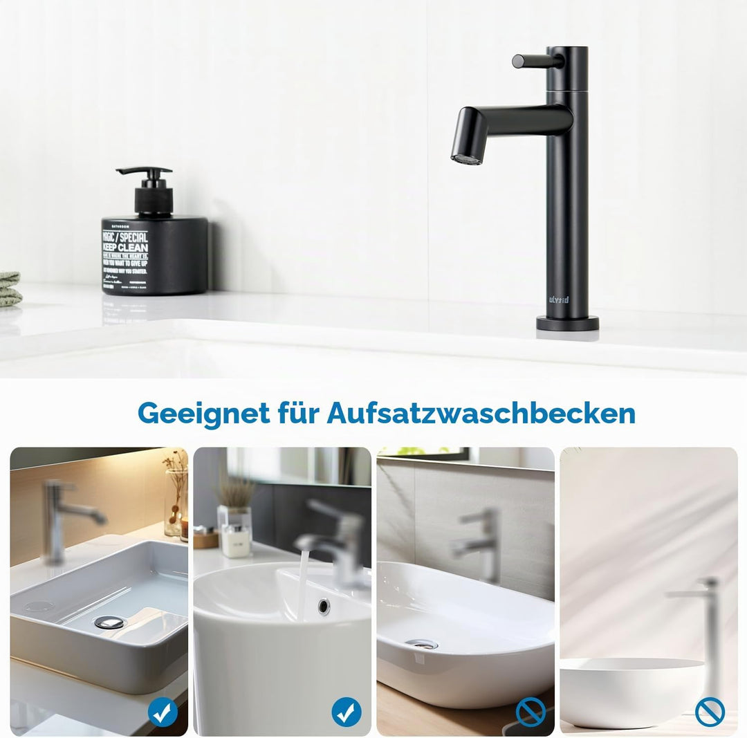 Ulytid Kaltwasserhahn Schwarz, Wasserhahn Bad Edelstahl Einhebel Waschtischarmatur mit Abnehmbarer S