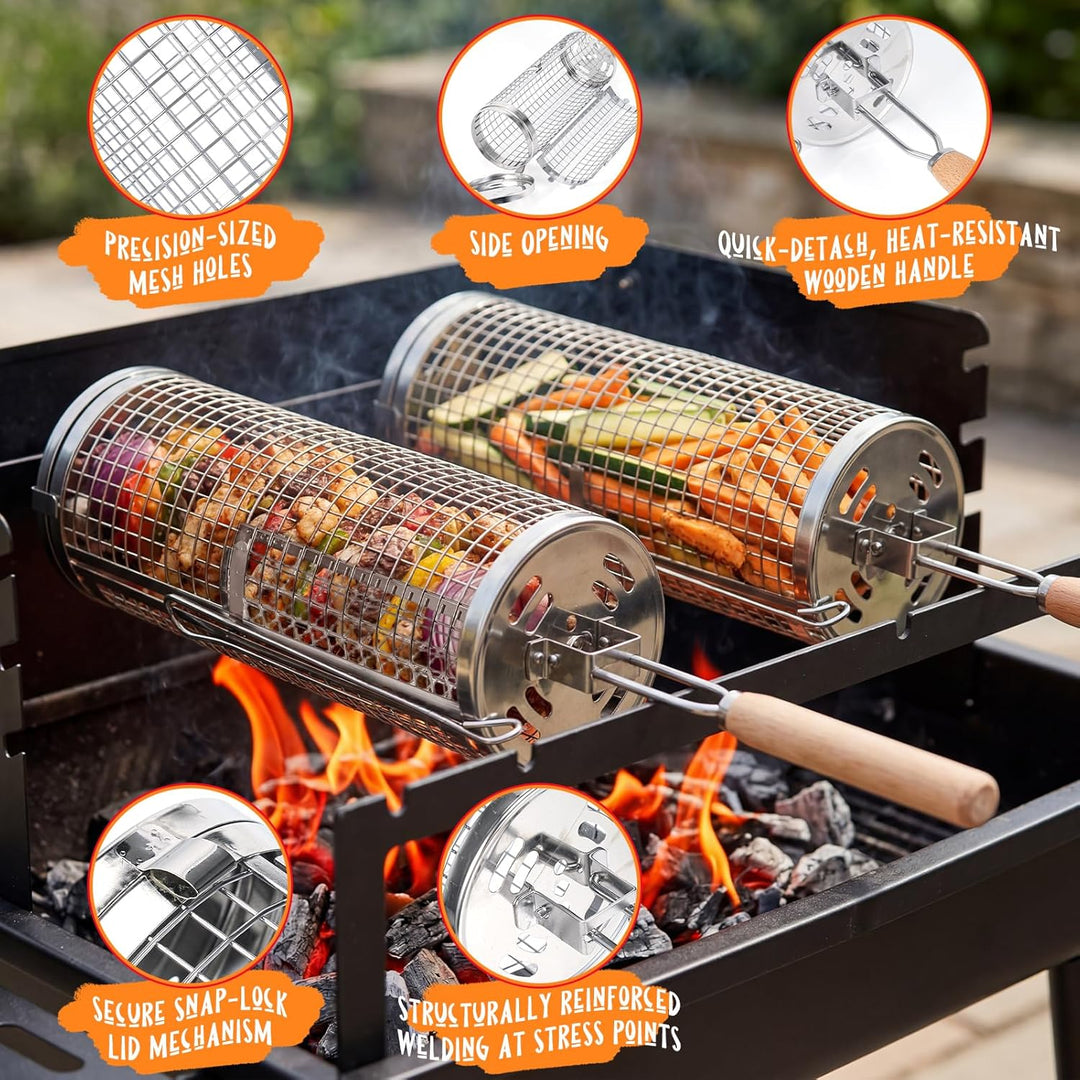 Rollender Grillkorb 2er Set,Nestbar Rollgrillkorb Abnehmbarem Holzgriff Doppelte Öffnung Edelstahl 3