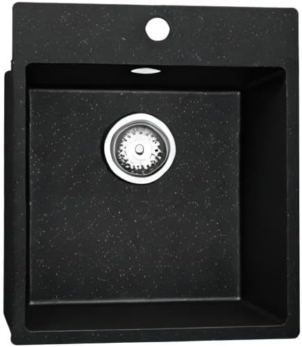 PRIMAGRAN Spülbecken Schwarz Metallic 43x50cm, Granitspüle 1 Becken + Ablauf-Set, Küchenspüle ab 45e
