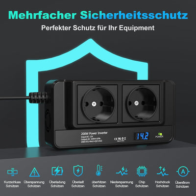 200W Auto Spannungswandler Wechselrichter DC 12V to AC 230V mit 2 Steckdosen und 4 USB Ports Schnell