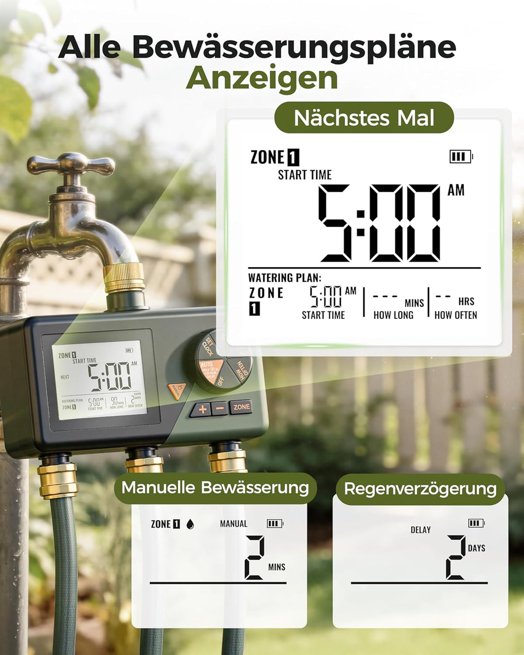 Diivoo Bewässerungscomputer 3 Ausgänge, Garten Bewässerungsuhr mit Wochentage Programmierbar, Automa