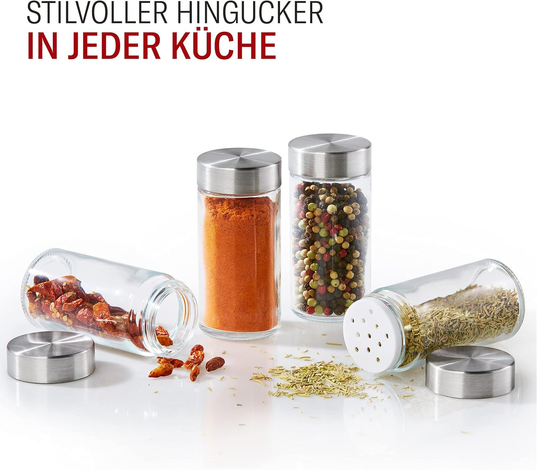 Vomeno® 12er Set Gewürzgläser mit Edelstahl Aroma-Deckel – Hochwertige Gewürzdosen für Gewürze & Krä