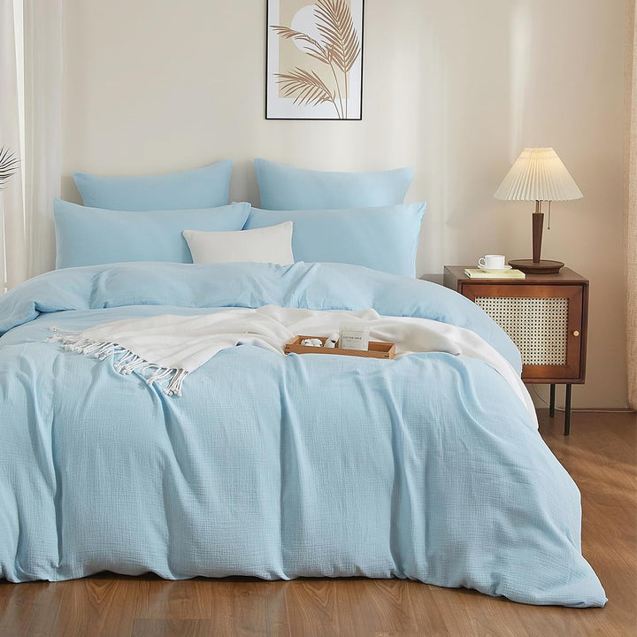 Boqingzhu Doppelte Muslin Bettwäsche 200×220 cm Blau Hellblau Baumwolle – Temperaturregulierend Atmu