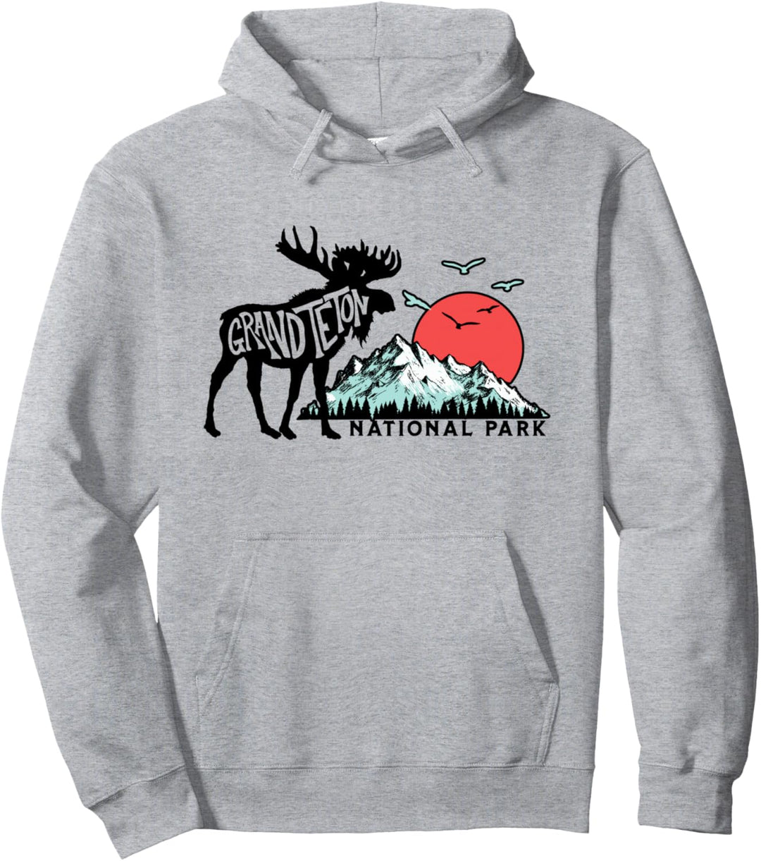 Grand Teton National Park Moose & Mountains Typography Pullover Hoodie