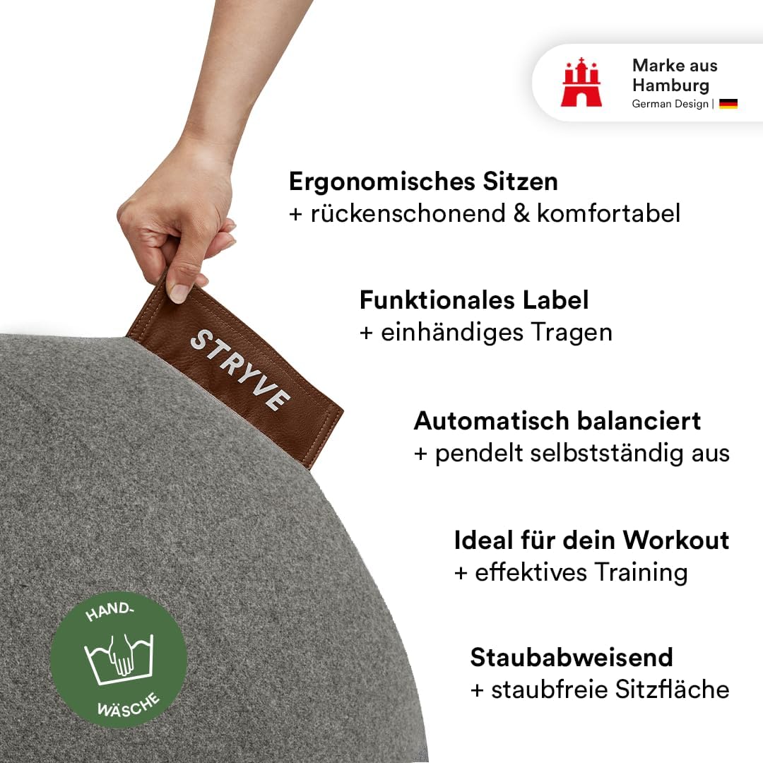 STRYVE Active Ball Wollfilz, innovativer Sitzball mit Filzbezug, Alternative zum Bürostuhl, inkl. Lu