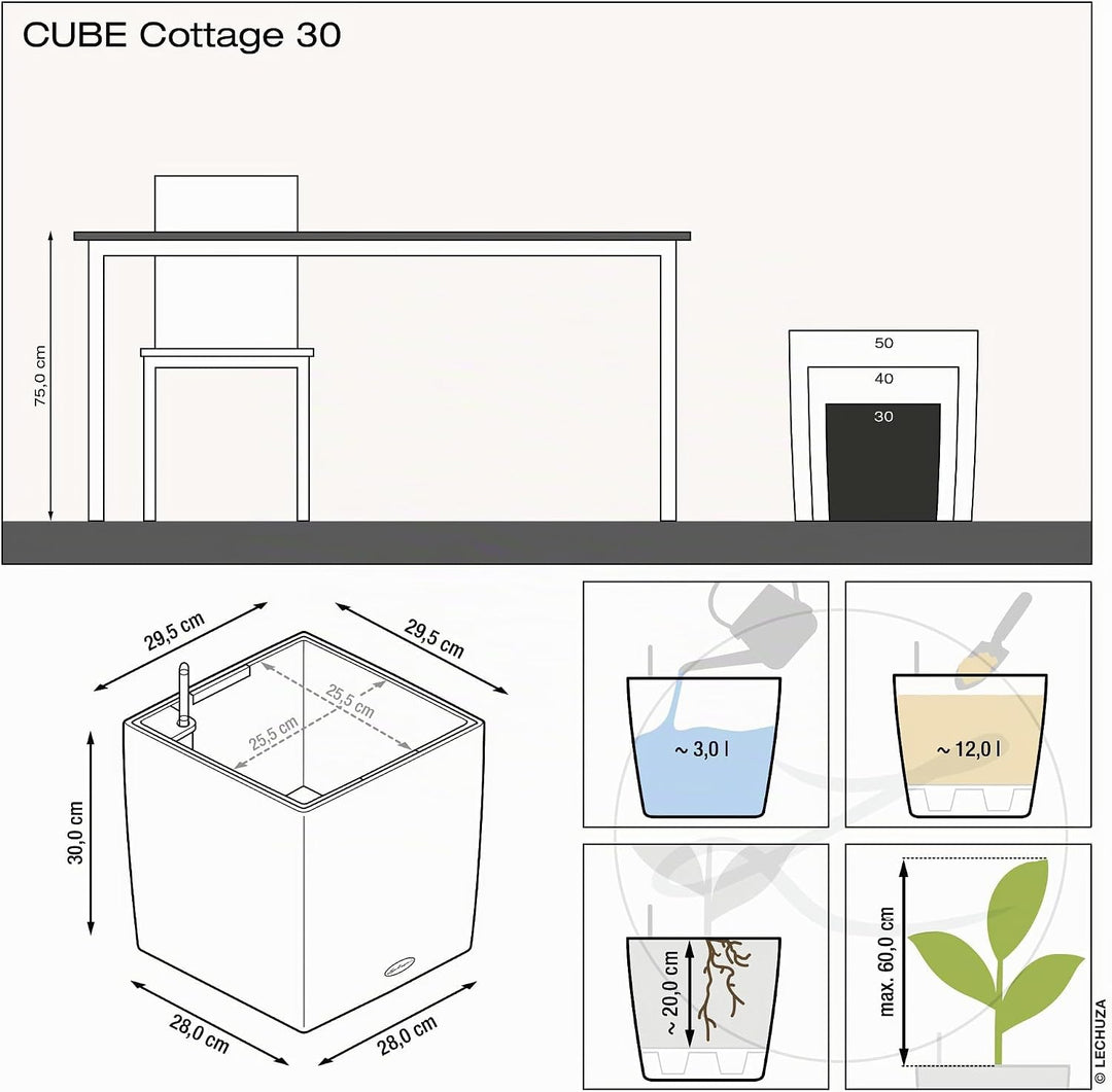LECHUZA CUBE Cottage 30 mokka 15375 Pflanzgefäss mit Erd-Bewässerungs-System 29,5x29,5x30 cm Mokka,