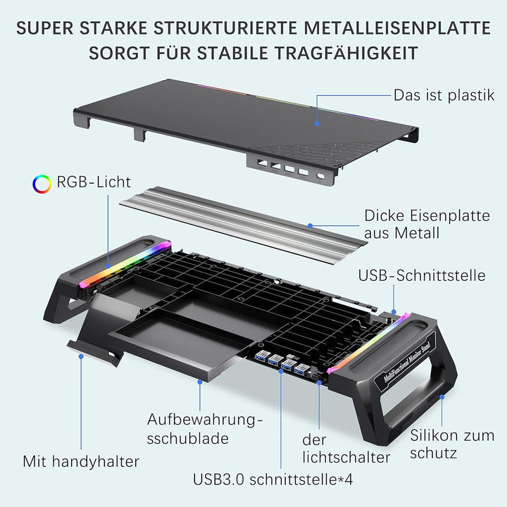 MOOJAY Monitor Ständer für den Schreibtisch Gaming mit 4 USB 3.0 Hub und RGB Licht, Monitor Riser Fa