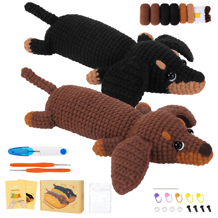 VZU Dackel Häkelset für Anfänger, Komplettes DIY Crochet Tier Kit mit Weichem Garn, Häkelnadel, Anle