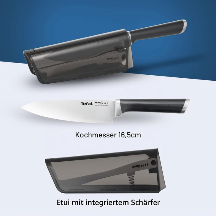 Tefal Ever Sharp Kochmesser, 16,5 cm, integrierter Messerschärfer in der Hülle, Scheibe, schneidet u