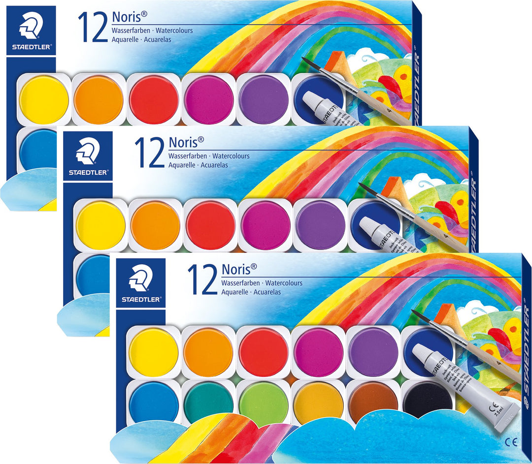 STAEDTLER 3 Stück Noris Club Deckfarbkasten, 12 Farben, 1 Tube Deckweiss + 1 Pinsel, 888 NC12 3 Farb
