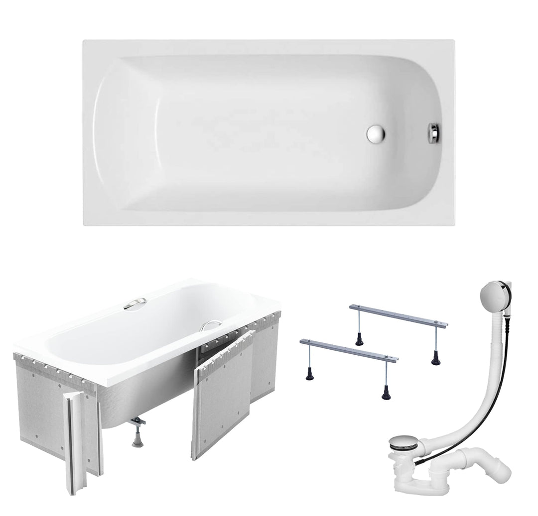 KOLMAN Badewanne CLASSIC Rechteck 160x70 mit Styroporverkleidung, Ablaufgarnitur und Füssen Komplett