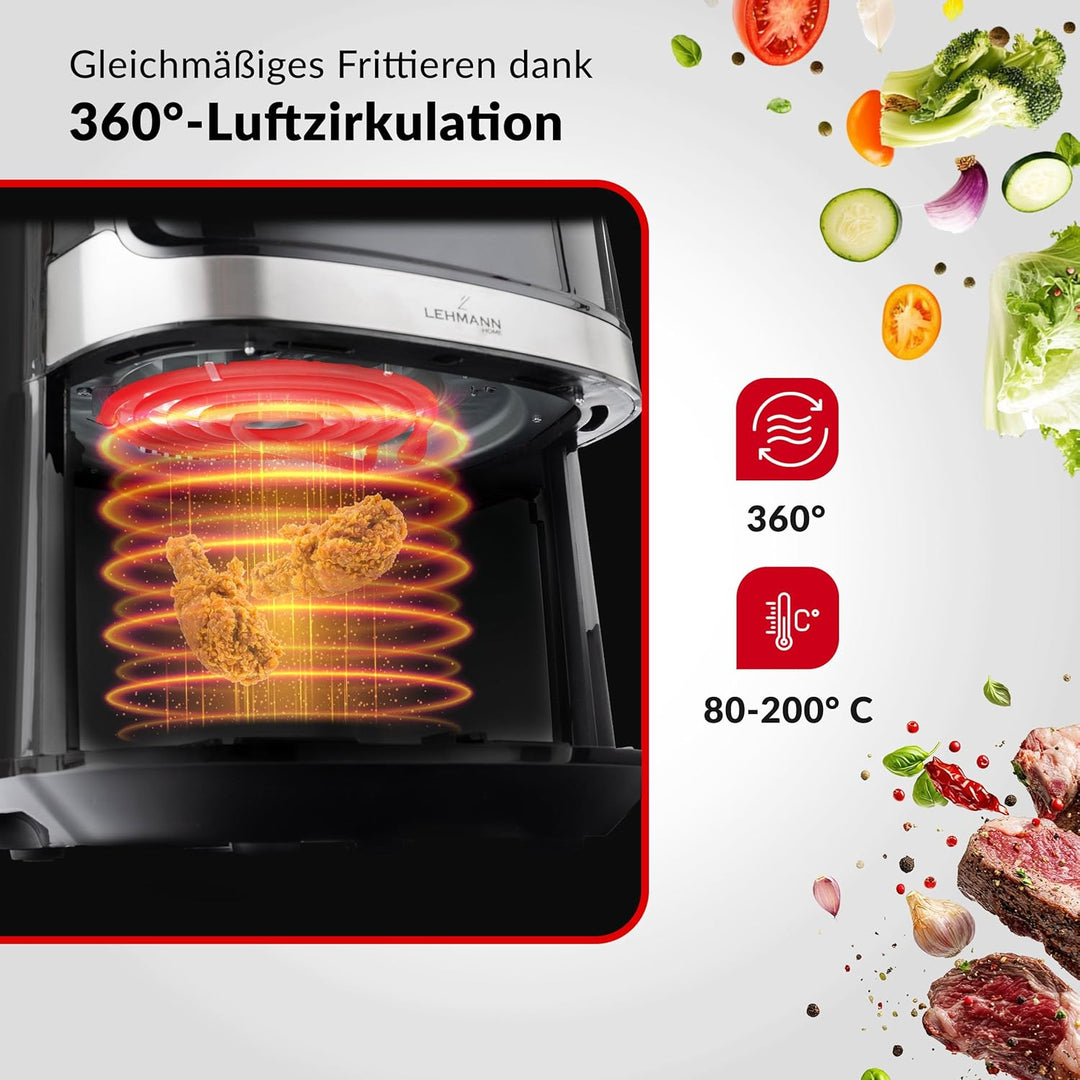 LEHMANN Heissluftfritteuse XL 6,5L, 8 Programme, Grosse Metallkammer, Digitales Display, Timer, Anti