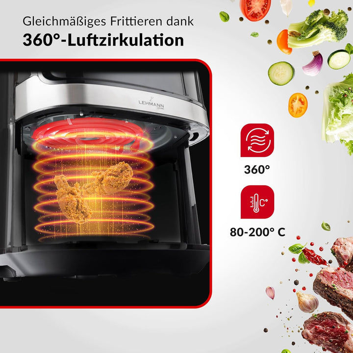 LEHMANN Heissluftfritteuse XL 6,5L, 8 Programme, Grosse Metallkammer, Digitales Display, Timer, Anti