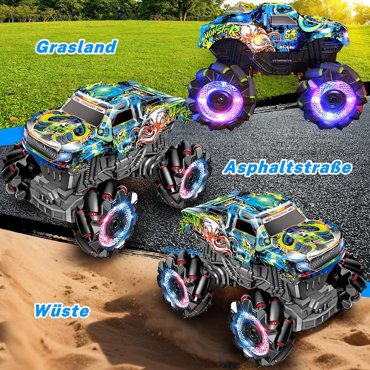 Monstertruck Ferngesteuert mit Licht Reifen, Musik und 360°Drehung (Blau) | 1/20 Ferngesteuerter Mon