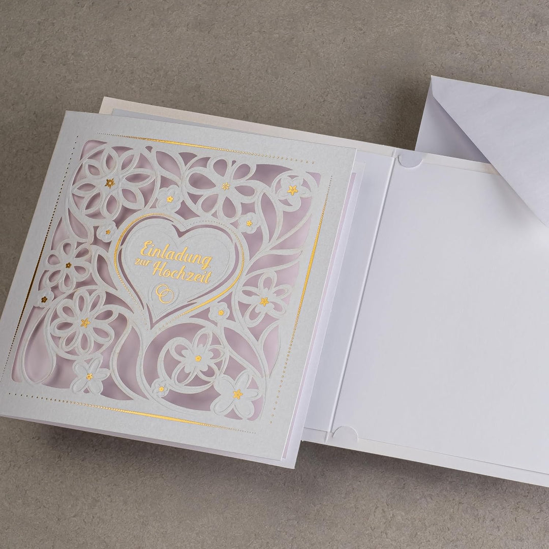 ART NUVO HOCHZEITSEINLADUNGEN - 20 St. 135x135mm, MIT BEDRUCKBAREN EINLAGEN UND UM-SCHLÄGEN FÜR HOCH