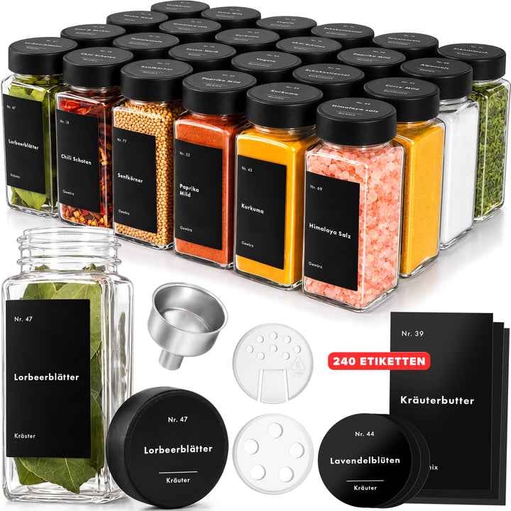 EDELHAUS Gewürzgläser Eckig Set mit Plastikdeckel (24 x 120ml) Gewürzstreuer mit Streueinsatz und 24