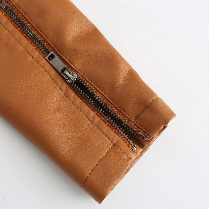 YYNUDA Damen Lederjacke Kurz Bikerjacke Stehkragen Reissverschluss Leder Jacke Übergangsjacke für He