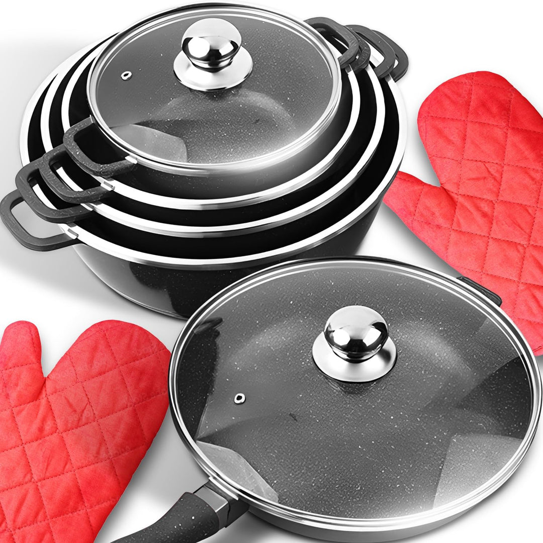 Retoo Topfset Kochtopfset Aluminium Kochgeschirr 12-teilig 4 Kochtöpfe 1 Bratpfanne 5 Glasdeckel 2 H