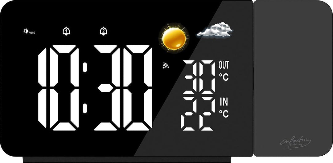 infactory Uhr Projektor: Funk-Wetterstation mit Projektionswecker, Aussensensor, USB, schwarz (Duala
