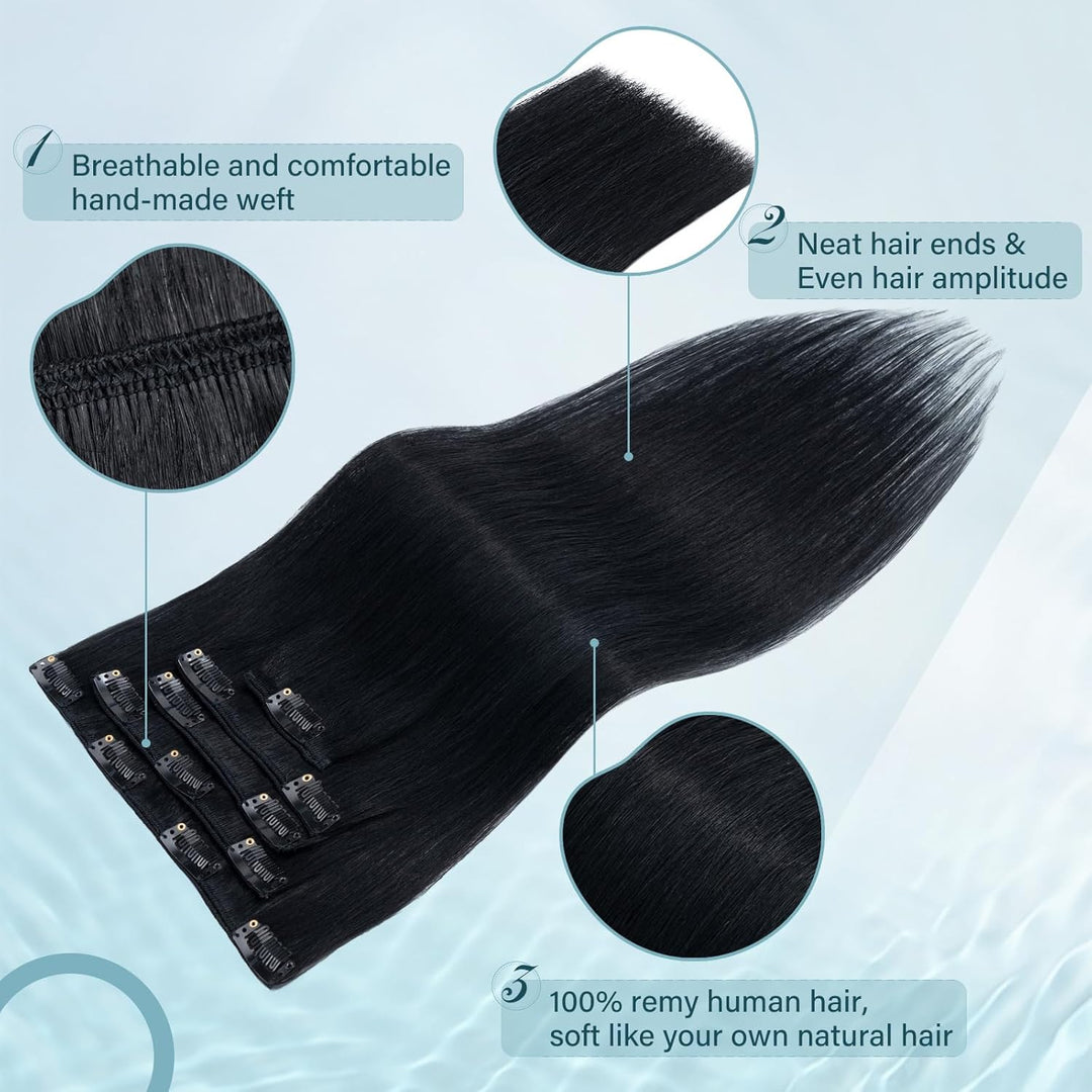 Elailite Clip in Extensions Echthaar, 5 Pcs Remy Haarverlängerung mit 12 Clips, 45cm-70g Glattes Haa