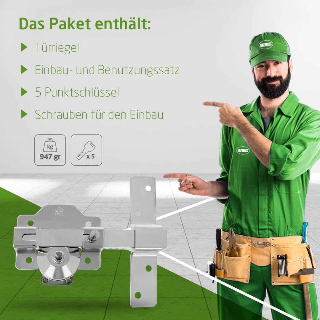 Amig - Klappschloss für Türen mit Sicherheitszylinder und Öffnungsriegel | Stahl | Martella-Finish |