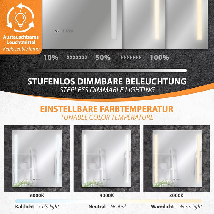 Infrarot Spiegelheizung Heizspiegel LM400-Pro 70x80cm 400W mit Beleuchtung, Tuya Smart App, Antibesc
