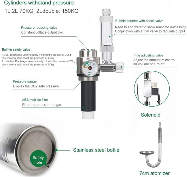 Ailgely 5L CO2-Generator-System-Kit für Doppel Aquarium CO2-Edelstahl-Zylinder-Generator-System mit