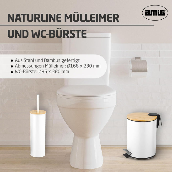 Amig - Set aus Mülleimer und WC-Bürstenhalter Naturline - Ø168 x 230 mm - Edelstahl und Bambus - Far