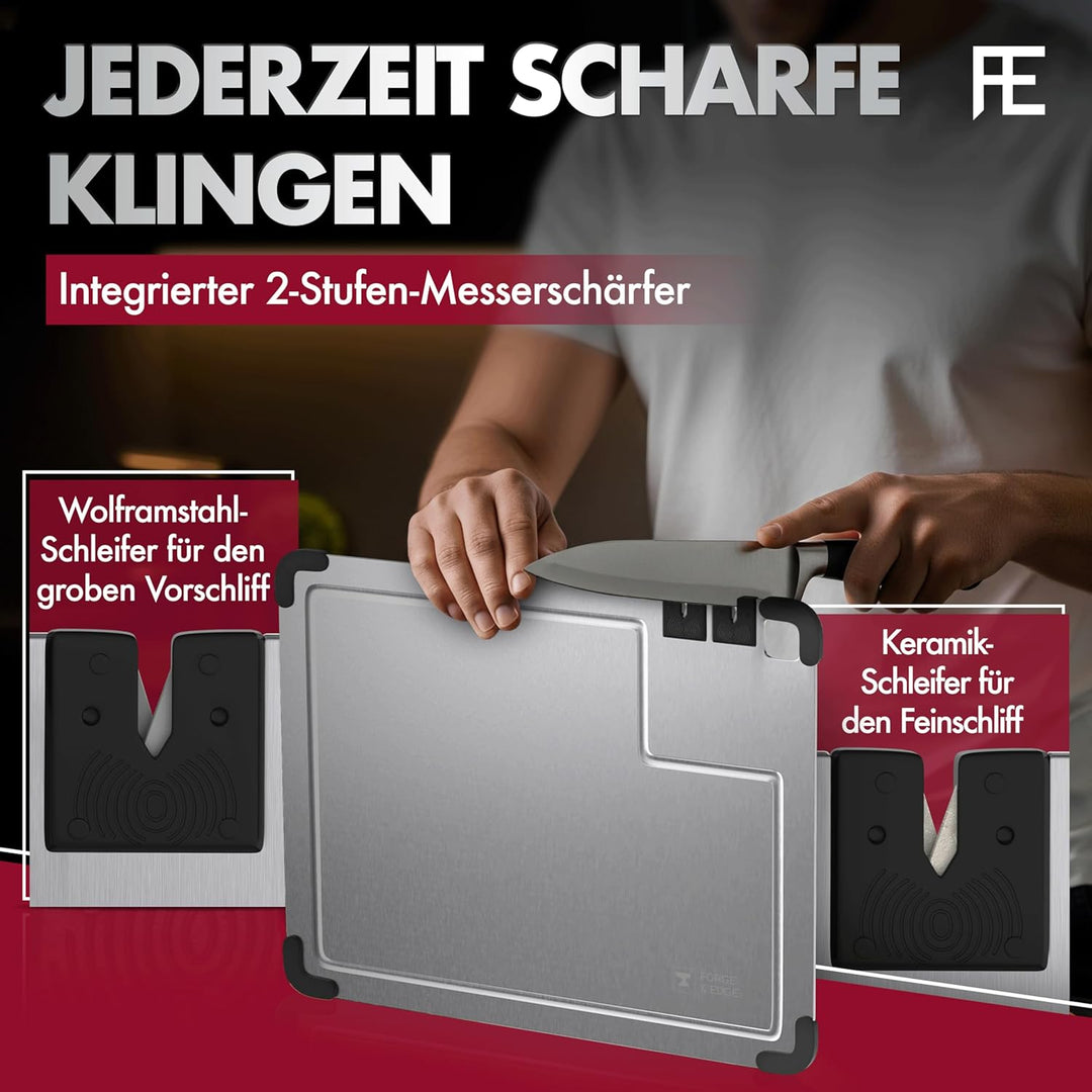 FORGE & EDGE Schneidebrett Edelstahl - Premium cutting board mit integriertem Messerschärfer, Saftri