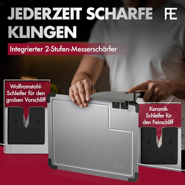 FORGE & EDGE Schneidebrett Edelstahl - Premium cutting board mit integriertem Messerschärfer, Saftri