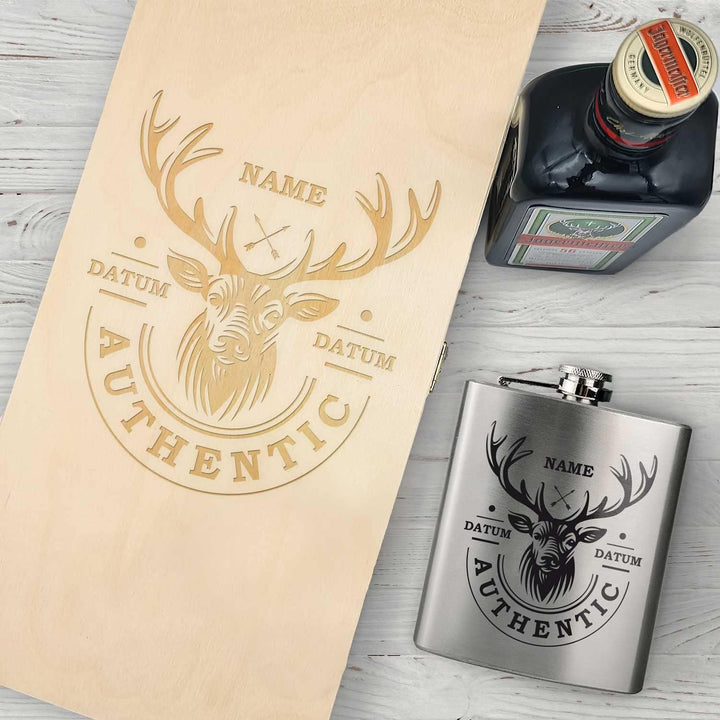 GRAVURZEILE Flachmann Geschenkset - Edelstahl Flachmann 150 ml mit Gravur im Set - inkl. Jägermeiste