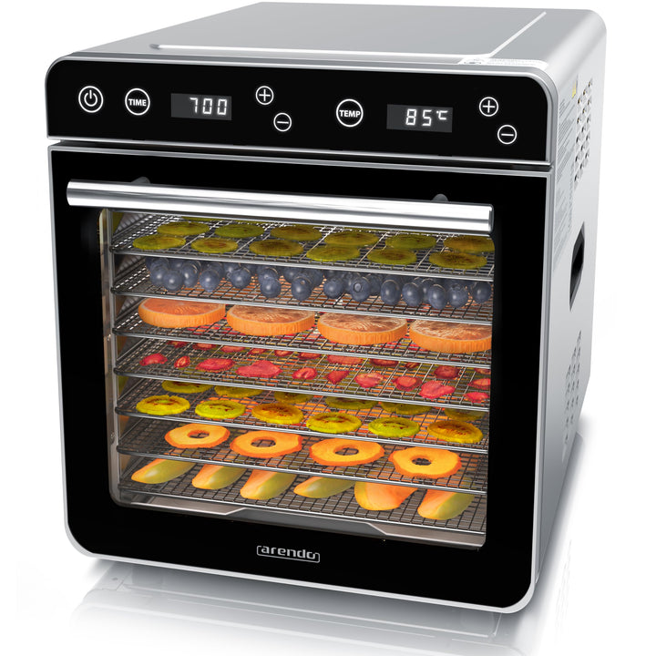Arendo - Dörrautomat Edelstahl mit 8 Edelstahlgitter - 700 W - 35°-85°C - 8 Edelstahl Einlegetablett