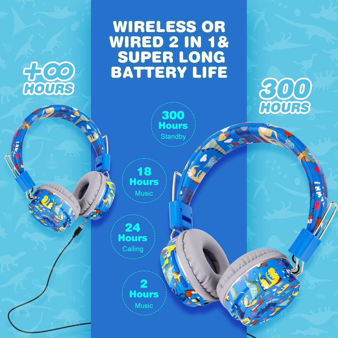 JYPS Bluetooth Kopfhörer Kinder, Dinosaurier Kopfhörer Kabellos Kinder mit Kabel und Mikrofon, Kids