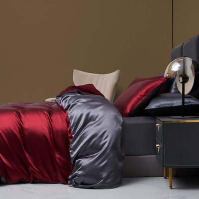 Boqingzhu Satin Glanzsatin Bettwäsche 135x200cm Rot Grau Uni Luxus Seide Wende Bettwäsche Set Weinro