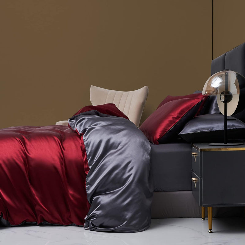 Boqingzhu Satin Glanzsatin Bettwäsche 135x200cm Rot Grau Uni Luxus Seide Wende Bettwäsche Set Weinro