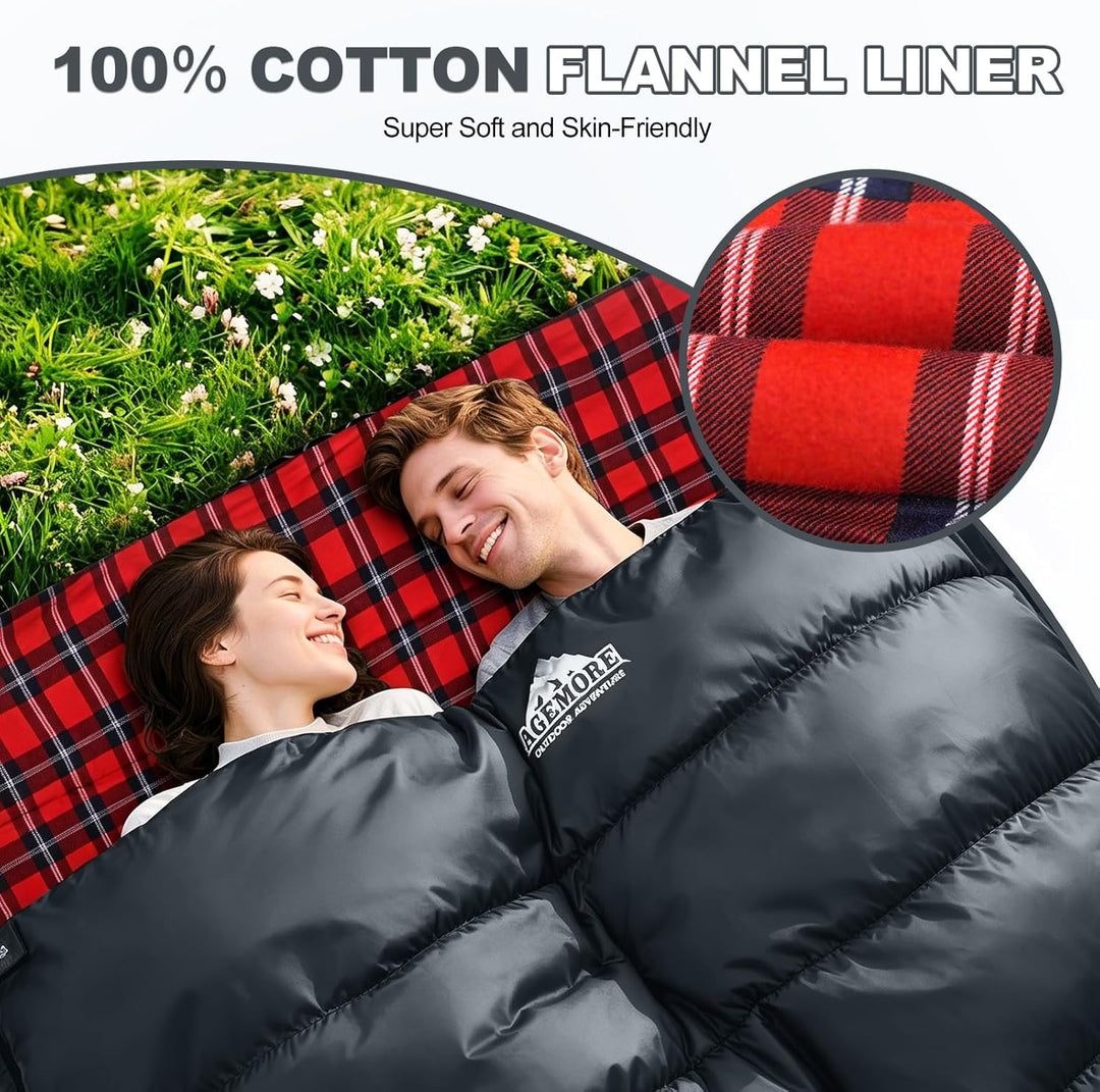 Baumwollflanell-Doppelschlafsack für Camping, Wandern oder Wandern. Queen Size 2 Person wasserdichte