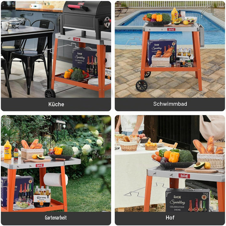 Feasto Beweglicher Grilltischwagen für den Aussenbereich, Pizzaofentisch mit Rollen, Edelstahl-Arbei