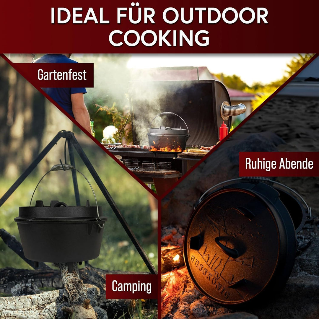 GUSSKÖNIG Dutch Oven Set [4.5L] - Eingebrannter Feuertopf mit praktischem Deckelheber und Füssen Top