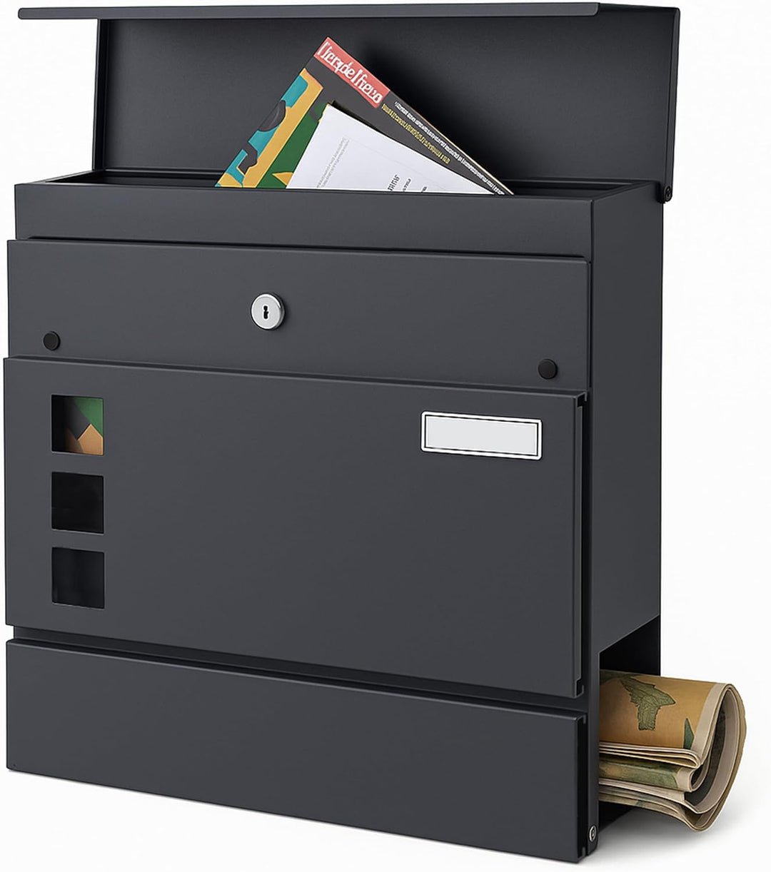 VERDA Briefkasten mit Zeitungsfach, Postkasten Designer Wandbriefkasten, 2X Schlüssel, Zeitungsrolle