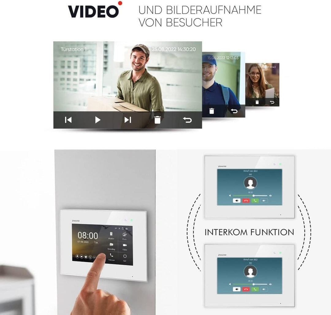 Balter EVO HD Schwarz/Weiss Video Türsprechanlage Set für 4 Familienhaus (1x Türstation mit Full HD-