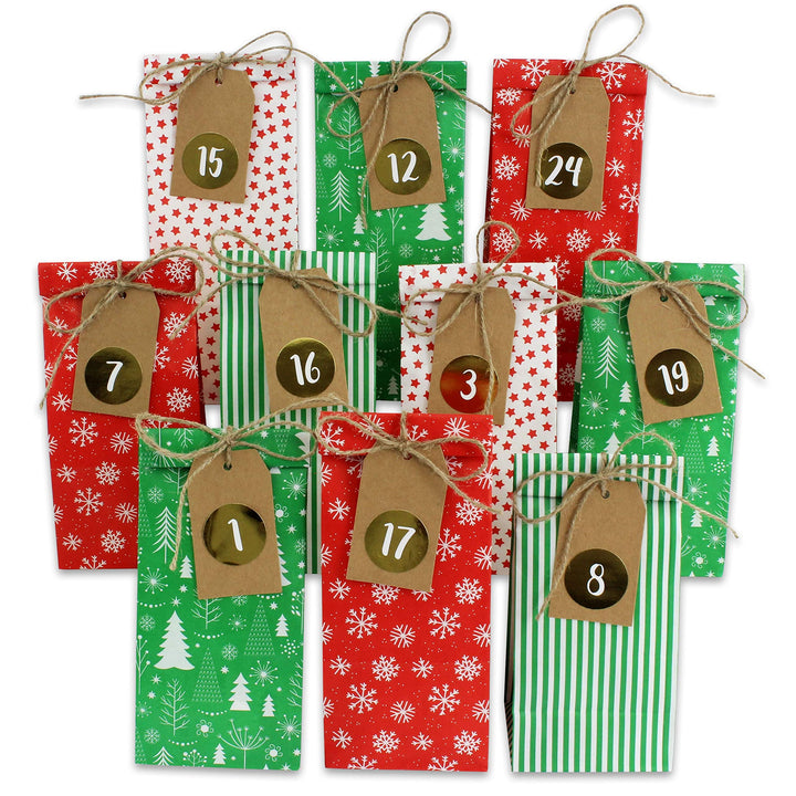 Papierdrachen Adventskalender zum Befüllen - 24 Bedruckte Geschenktüten und 24 Zahlenaufkleber und K