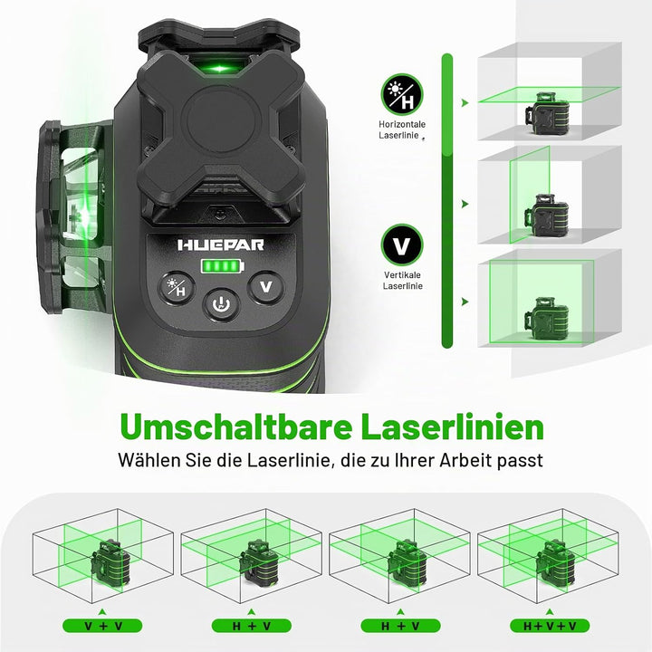 Huepar 1,5m Sturzfest 3x360° Grüner Kreuzlinienlaser Selbstnivellierend, 12 Linien mit Pulsmodus, Ma