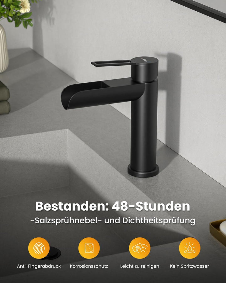APPASO Wasserhahn Bad Schwarz, wasserfall wasserhahn, Waschbeckenarmatur mit, Auslauf Höhe 115mm, ar