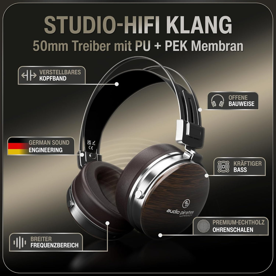 audio pirates Over-Ear Kopfhörer, Echtholz Kopfhörer, Top HiFi Sound, Kopfhörer mit Case, 3 m Kabel