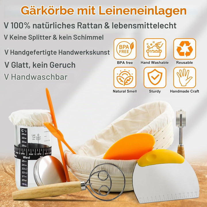 Gärkorb zum Brotbacken inkl.Komplettes Sauerteig-Starter-Set,10-Zoll ovales und 9-Zoll rundes Hefebr