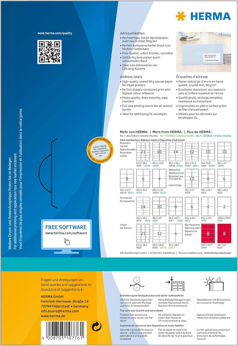 HERMA 10776 Adressetiketten für Inkjet Drucker, 80 Blatt, 88,9 x 46,6 mm, 12 Stück pro A4 Bogen, 960